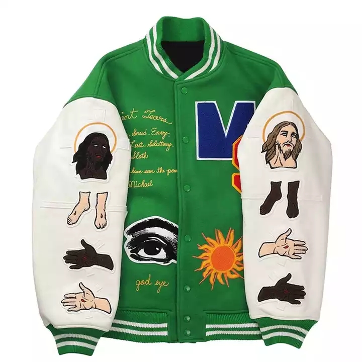 Дизајнирајте вез прилагођени лого вунено зелена универзитетска јакна за мушкарце (6)